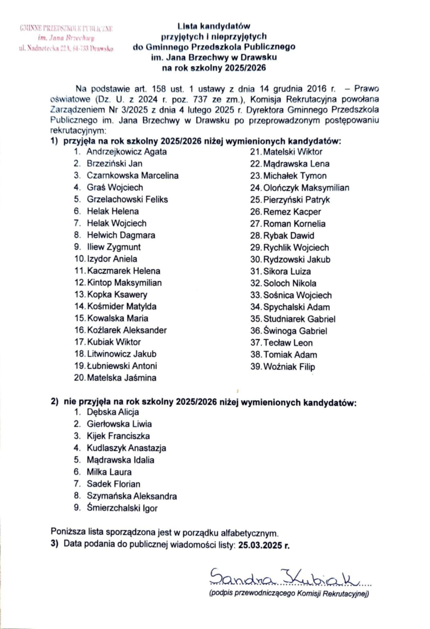 Lista kandydat&oacute;w nieprzyjętych i&nbsp;przyjętych 